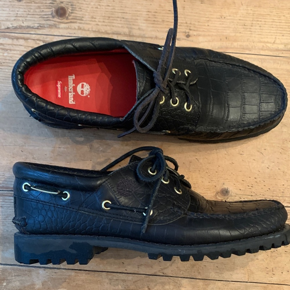 NWOT Supreme x Timberland Black Croc Embossed Leather 3 Eye Lug Handsewn Mens